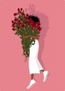 Cheerful girl with a huge bouquet of red roses Royalty Free Stock Photo